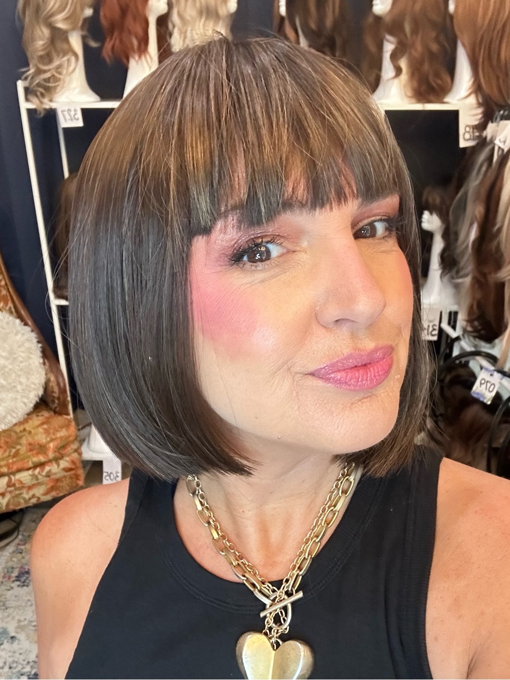 170 “Robinette” Dk Brown w/ fine baby lights 10” Straight Bob Full Synthetic Wig